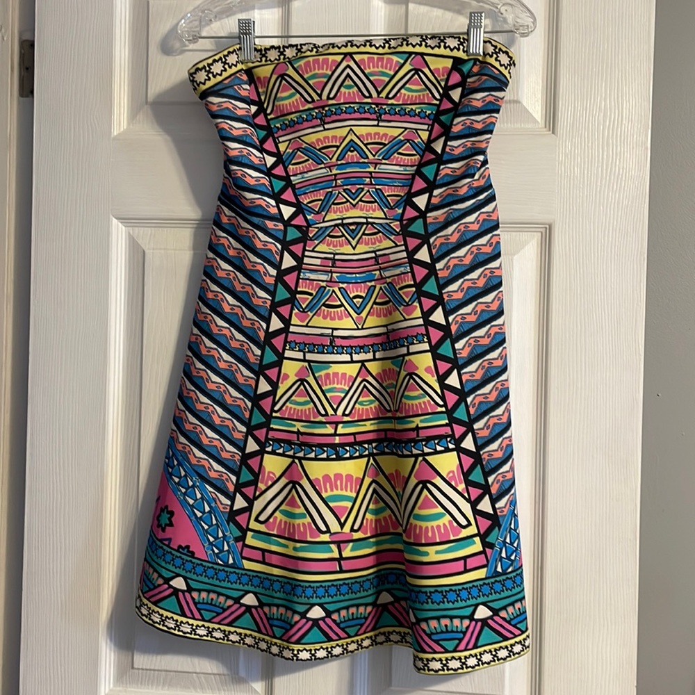 Multicolor multi patterned strapless dress